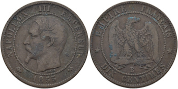 Франция 10 сантимов 1855 B, Наполеон III (1852-1870) KM 771.2, Le Franc 133.21 бронза 97-1044