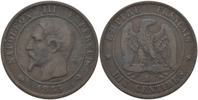 Франция 10 сантимов 1855 B, Наполеон III (1852-1870) KM 771.2, Le Franc 133.21 бронза 97-1044