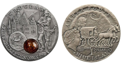 Ниуэ 1 доллар 2009 Вроцлав, монета с янтарем KM NEW серебро UNC 1074-2-32