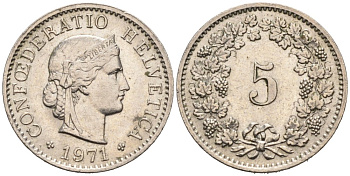 Швейцария 5 раппенов 1971 КМ 26 медно-никель 4567-536