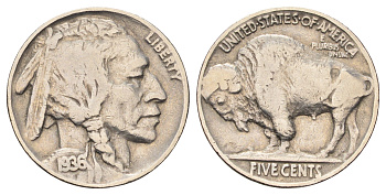 США 5 центов 1936 индеец, бизон KM 134 медно-никель 4682-933