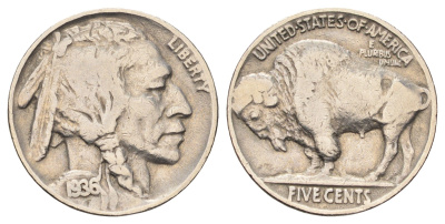 США 5 центов 1936 индеец, бизон KM 134 медно-никель 4682-933