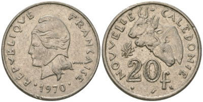 Французская Новая Каледония 20 франков 1970 три быка, (IEOM) KM 6, Schoen 8, Lec 105 никель 4120-223
