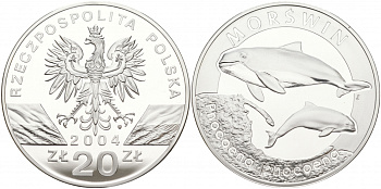 Польша 20 злотых 2004 MW, серия сохраним наш мир, морские свиньи KM 515 серебро PROOF 1091-2-33