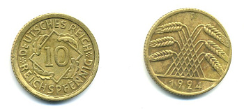 ГЕРМАНИЯ 10 РЕЙХСПФЕННИГОВ 1924 F KM 40, J. 317, Weege 9 алюминиевая бронза 46-1415