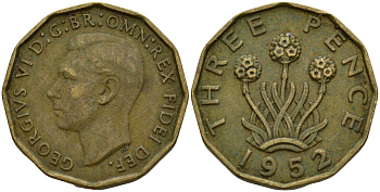 Великобритания 3 пенса 1952 Георг VI (1936-1952), второй выпуск KM 873, Spink 4113 никель латунь 4150-751