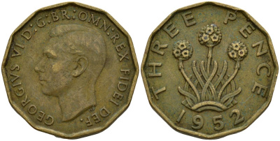 Великобритания 3 пенса 1952 Георг VI (1936-1952), второй выпуск KM 873, Spink 4113 никель латунь 4150-751