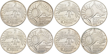 ФРГ набор из 4 монет по 10 марок 1972 XX Олимпийские игры 1972 года в Мюнхене, стадион (F, J, D, G), коробка KM 133, J. 404 серебро UNC 3-4-7-29