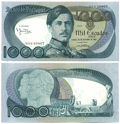 ПОРТУГАЛИЯ 1000 ЭСКУДО 1982 26 ОКТЯБРЯ 1982, ПАРОВОЗ, ПЕДРО V Pick 175e бумага aUNC 8564-27-2