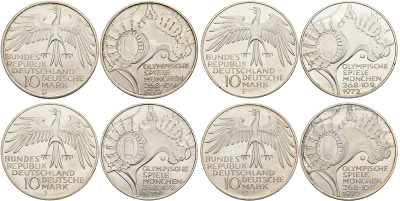 ФРГ набор из 4 монет по 10 марок 1972 XX Олимпийские игры 1972 года в Мюнхене, стадион (F, J, D, G), коробка KM 133, J. 404 серебро UNC 3-4-7-29