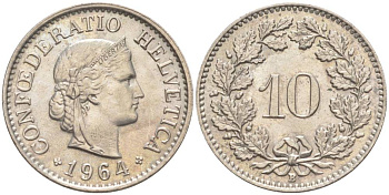 ШВЕЙЦАРИЯ 10 РАППЕНОВ 1964 В KM 27 медно-никель 55-341