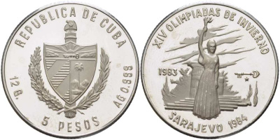 Куба 5 песо 1983 XIV зимние Олимпийские игры в Сараево 1984 года, тираж 5000 экземпляров KM 112 серебро PROOF 1074-10-23