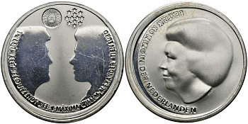 Нидерланды 10 евро 2002 королевская свадьба Виллема-Александра и принцессы Максимы KM 243 серебро UNC 650-1042