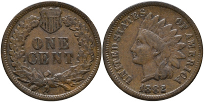 США 1 ЦЕНТ 1882 ИНДЕЕЦ KM 90а бронза 4396-416