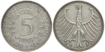 ФРГ 5 марок 1958 F, редкая буква года J. 387, KM 112.1 серебро 603-1234