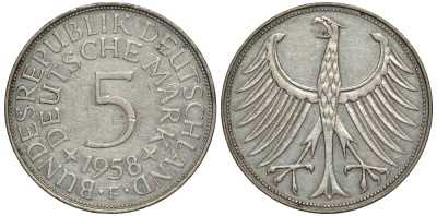 ФРГ 5 марок 1958 F, редкая буква года J. 387, KM 112.1 серебро 603-1234