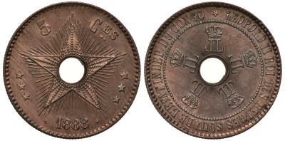 Бельгийское Конго 5 сантимов 1888  KM 3 медь  UNC  5010-321