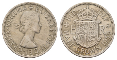 Великобритания 1/2 кроны 1959 Елизавета II (1952-2022), редкий год KM 907, Spink 4145 медно-никель 3996-343