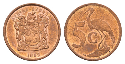 ЮАР 5 центов 1999 герб, райский журавль KM 160 сталь плакированная медью UNC 4687-226