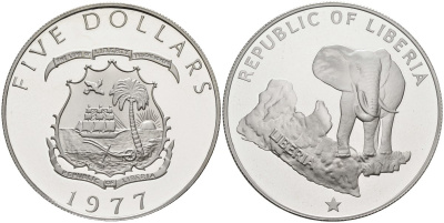 Либерия 5 долларов 1977 слон на фоне карты KM 29 серебро PROOF 11-320-22