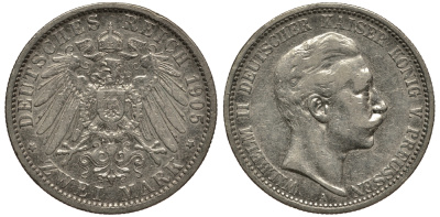 Пруссия 2 марки 1905 A, Вильгельм II (1888-1918) J.102, Weege 101, KM 5222 серебро 3711-742