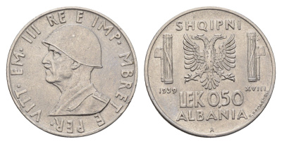Албания 0,5 лек 1939 год-тип, не магнетик KM 30a нержавеющая сталь 1515-2314