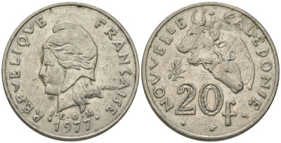 Французская Новая Каледония 20 франков 1977 три быка, (IEOM) KM 12, Schoen 14, Lec 107 никель 4680-346