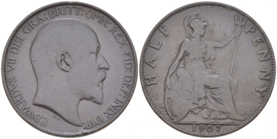 Великобритания 1/2 пенни 1907 Эдуард VII (1901-1910) KM 793.2, Spink 3991 бронза 68-123