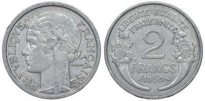 Франция 2 франка 1959 KM 886а.1, Le Franc 269.19 алюминий 4123-414
