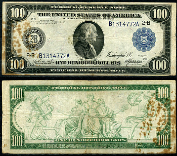 США 100 долларов 1914 Нью-Йорк (2-В), Бенджамин Франклин, голубая серия, подпись Burke, McAdoo Pick 363 b B(1)  бумага   451-756-1