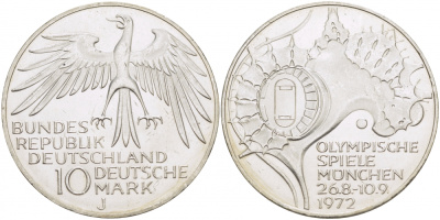 ФРГ 10 МАРОК 1972 J, ОЛИМПИАДА, СТАДИОН KM 133, J.404 серебро UNC 3457-345