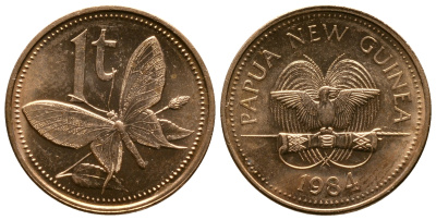 Папуа-Новая Гвинея 1 тойя 1984 бабочка KM 1 бронза UNC 261-514