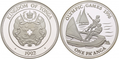 Тонга 1 паанга 1992 XXVI летние Олимпийские игры 1996 года в Атланте, парусный спорт KM 156 серебро PROOF 04-101-31