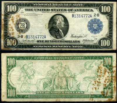 США 100 долларов 1914 Нью-Йорк (2-В), Бенджамин Франклин, голубая серия, подпись Burke, McAdoo Pick 363 b B(1)  бумага   451-756-1