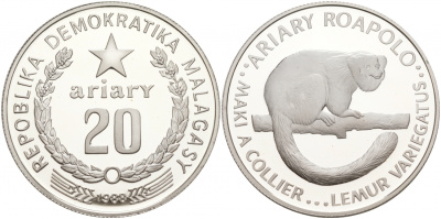 Мадагаскар 20 ариари 1988 серия 25 лет защиты окружающей среды KM 15 серебро PROOF 11-036-11