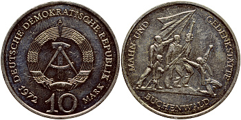 ГДР 10 марок 1972 A, мемориал Бухенвальда KM 38, J. 1539 медно-никель aUNC 1523-121