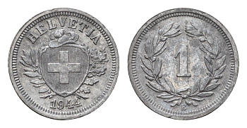 Швейцария 1 раппен 1944 B KM 3a цинк 46-756