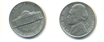 США 5 ЦЕНТОВ 1989 D, ДЖЕФФЕРСОН KM А192 медно-никель 179-743