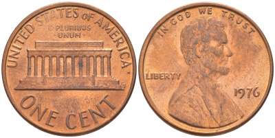 США 1 ЦЕНТ 1976 ЛИНКОЛЬН KM 201 медь цинк UNC 188-168
