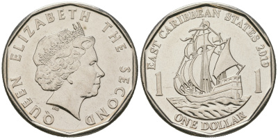 Восточно-Карибские штаты 1 доллар 2019 Елизавета II (1952-2022), парусник KM 39 a никелированная сталь  UNC  M60-10