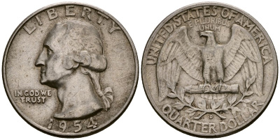 США 25 центов = квотер 1954 D, Вашингтон KM 164 серебро 4177-727