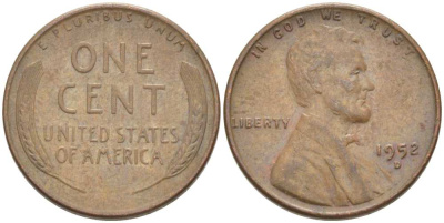 США 1 ЦЕНТ 1952 D, ЛИНКОЛЬН KM А132 медь цинк 218-244