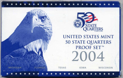 США официальный набор из 5 монет 2004 S, набор из 5 квотеров, штаты США, пластик, в оригинальной коробке с сертификатом PROOF 00-00