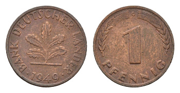 ФРГ 1 пфенниг 1949 G KM A101, J. 376 сталь плакированная медью 4685-348