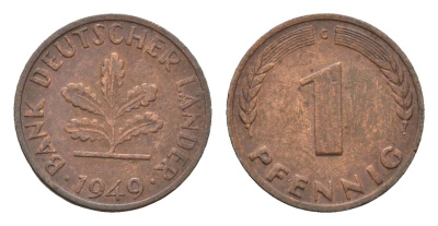 ФРГ 1 пфенниг 1949 G KM A101, J. 376 сталь плакированная медью 4685-348