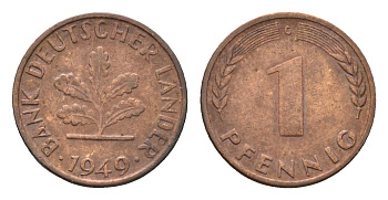 ФРГ 1 пфенниг 1949 G KM A101, J. 376 сталь плакированная медью 4685-349