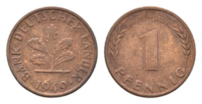 ФРГ 1 пфенниг 1949 G KM A101, J. 376 сталь плакированная медью 4685-349