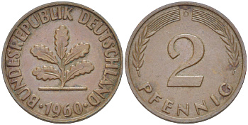 ФРГ 2 ПФЕННИГА 1960 D KM 106, J. 381 бронза 4181-725