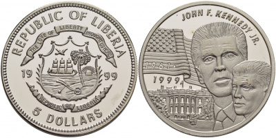 Либерия 5 долларов 1999 Джон Кеннеди (младший) KM 593 медно-никель UNC 11-145-12