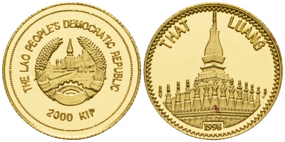 Лаос 2000 кипов 1998 Тхат-Луанг, древняя столицы Лаоса KM 68 золото PROOF 00-000